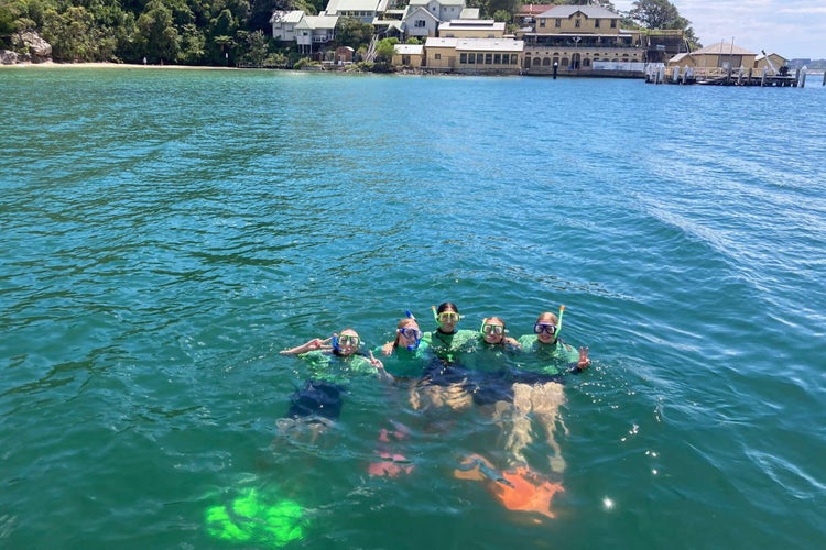 A group of students snorkelling in Chowder Bay. Students are posing in the middle of the bay with buildings in the distant background